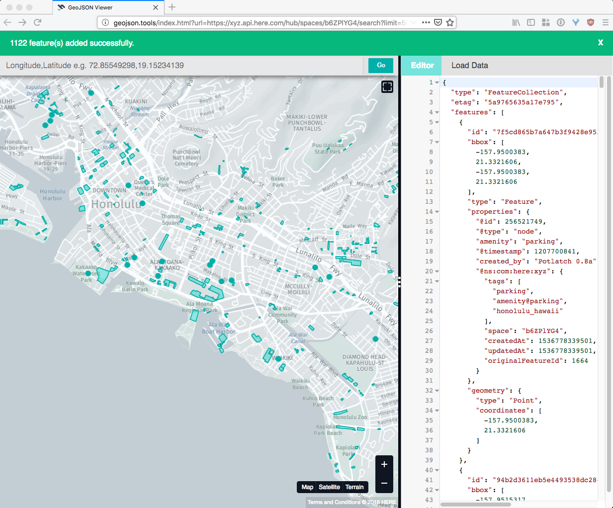 GeoJSON Viewer showing parking lots in Honolulu